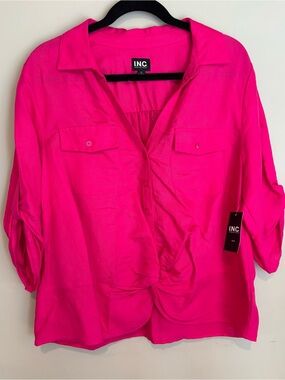 INC International Concepts Hot Pink Knot-Front Linen Blend Button Down Blouse